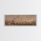 Wild Flowers On a Grey Background, Framed Canvas Print, Panoramic Oil Painting Print, Boho Farmhouse Decor, Modern Rustic Primitive Decor