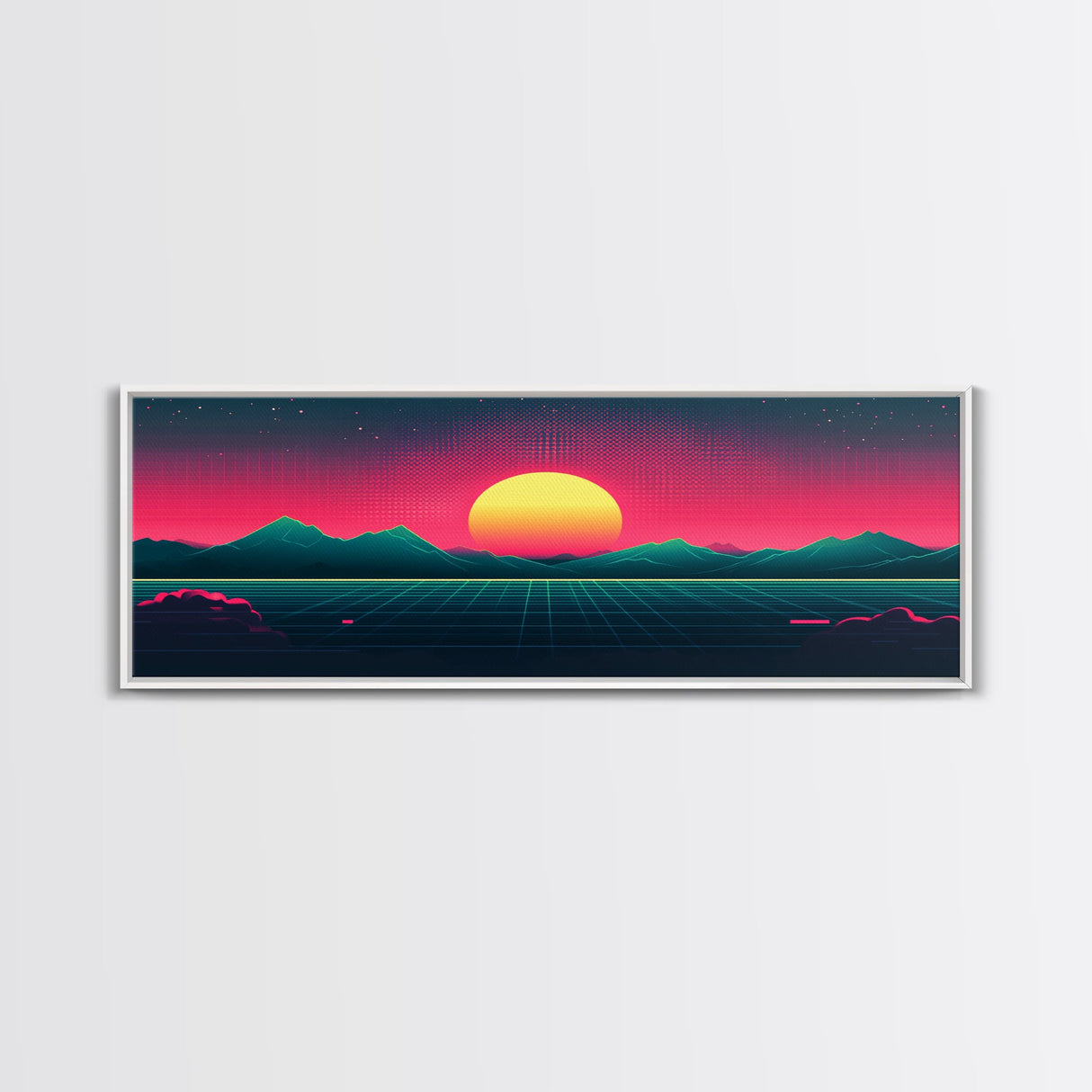 Synthwave Sunset Over The Mountains, Wireframe Art, Framed Canvas Print, Wire Frame Retro 1980s Style Wall Art