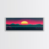 Synthwave Sunset Over The Mountains, Wireframe Art, Framed Canvas Print, Wire Frame Retro 1980s Style Wall Art
