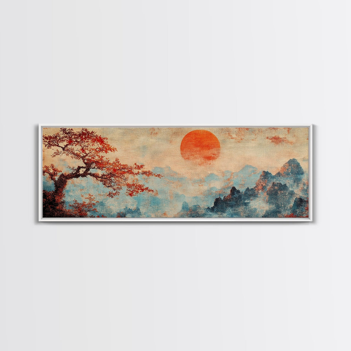 Japanese Maple Tree at Sunset, Vintage Japanese Inspired Woodblock Print Canvas Art, Retro Japanese Art