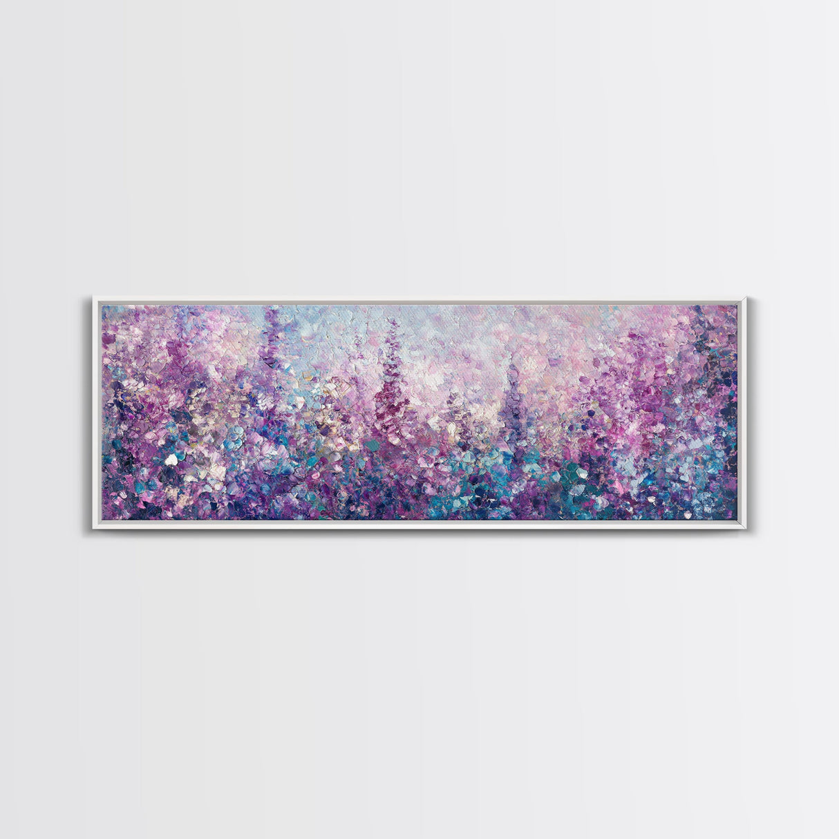 Purple Flower Painting, Lavender and Lilacs, Framed Canvas Print, Boho Style Panoramic Painting Wall Art, Purple and Blue Flowers