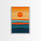 Sunset Over The Ocean Minimalist Print, Vertical Sea Sun Framed Canvas, Waves Line Art, Blue and Orange Sunset Beach House Painting
