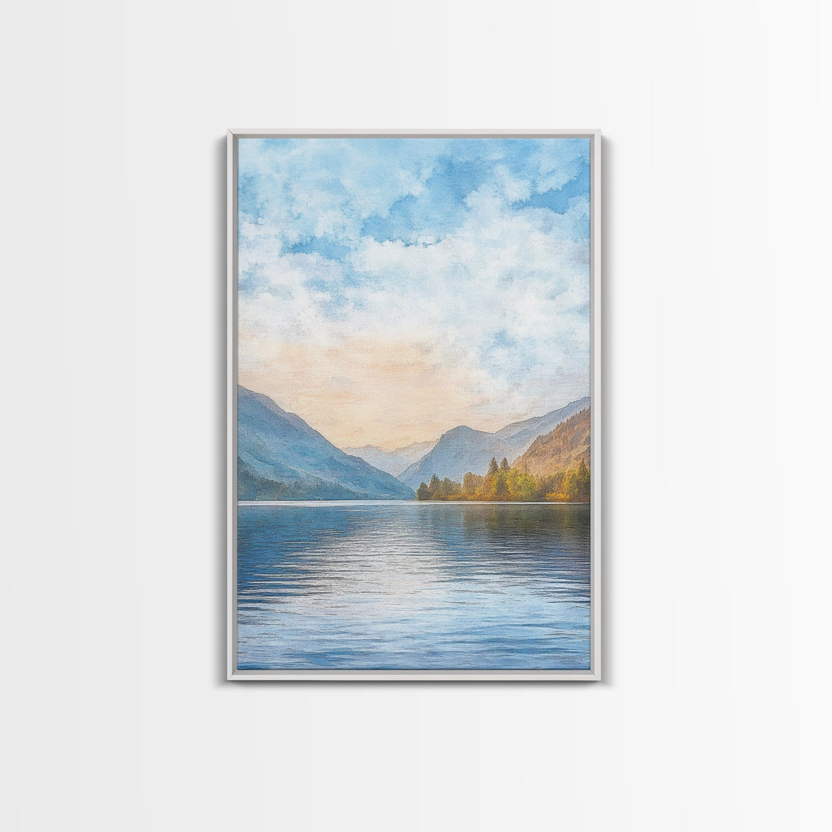 The Calm Lake Framed Canvas Print, PNW Wall Art, Modern Realism Home Decor, Watercolor Landscape Print