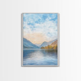 The Calm Lake Framed Canvas Print, PNW Wall Art, Modern Realism Home Decor, Watercolor Landscape Print