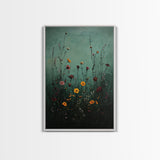 Moody Wild Flowers Print, Framed Canvas, Boho Decor, Wildflowers in a Rain Storm, Modern Farmhouse, Rustic Decor