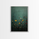 Wildflower Print, Oil Painting Flower Canvas Print Boho Botanical Wall Art, Dark and Moody Home Decor, Minimalist Bouquet
