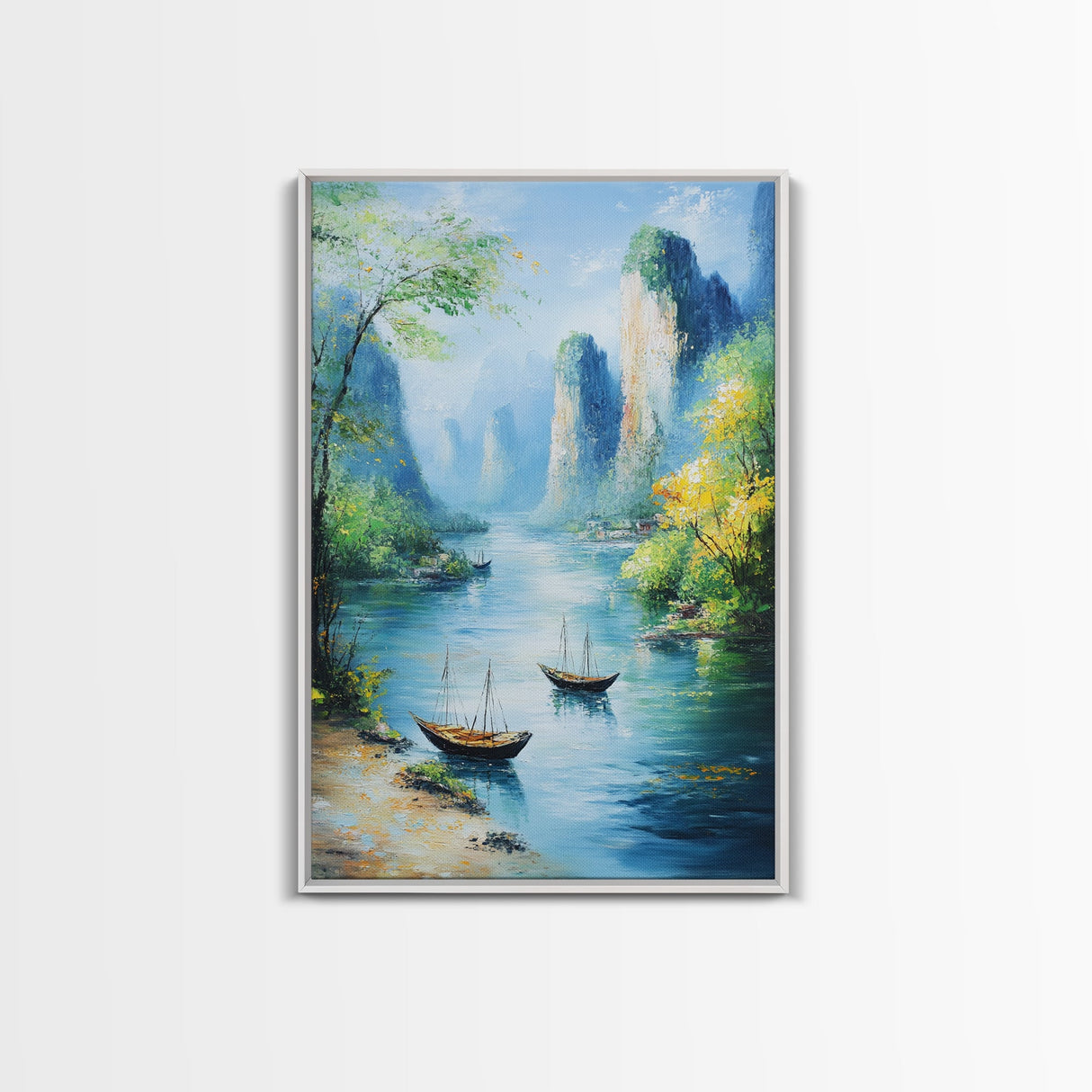 Vibrant Fantasy Art - Original Painting Framed Canvas Print - Sail Boats in The Bay - Nautical Themed Home Decor