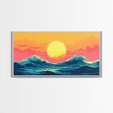 Synthwave Sunset Over Ocean Waves, Framed Canvas Print, Retro 80s Inspired Home Decor Wall Art