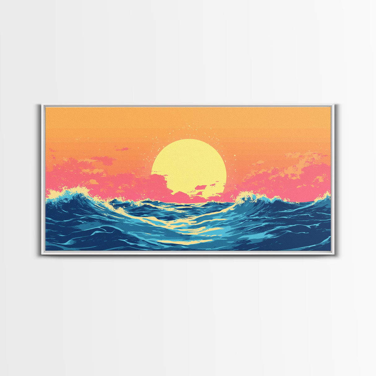 Vaporwave Sunset Over Ocean Waves Framed Canvas Print, Retro Vibes Wall Art