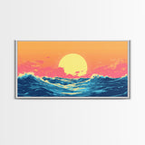 Vaporwave Sunset Over Ocean Waves Framed Canvas Print, Retro Vibes Wall Art