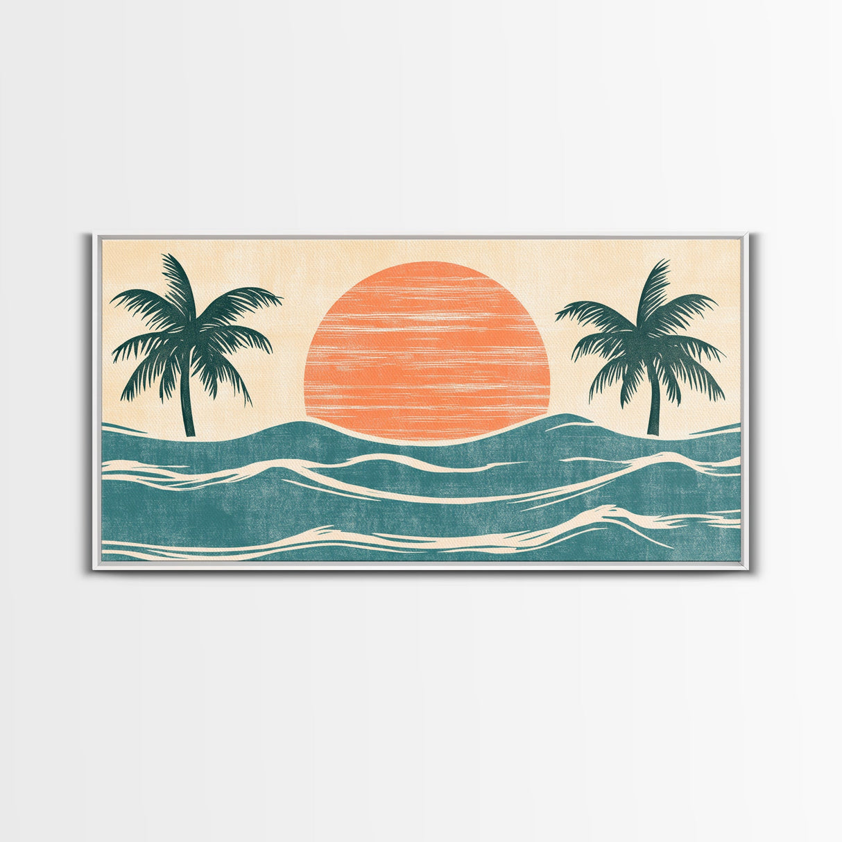 Japanese Wood Block Print Style Sunset and Palm Trees, Framed Canvas Print, Boho Style, Minimalist home Decor