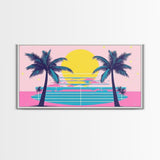 Retro Synthwave Wall Art, Outrun Home Decor Framed Canvas Print, Two Palm Trees and a Sunset