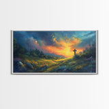 Painting Of a Cross in A Beautiful Landscape Christian Wall Art Framed Canvas Print