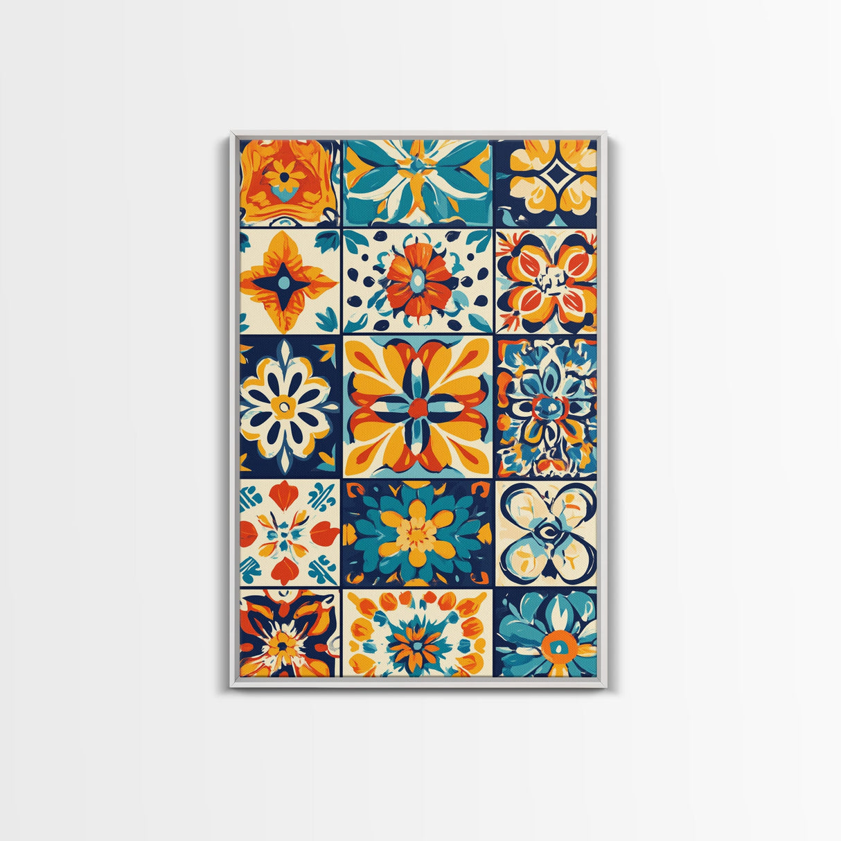 Textile Wall Art, Mexican Tile Canvas Print, Framed Wall Art, Mexicano Style Decor, Chicano Art, Textile Painting Wall Art