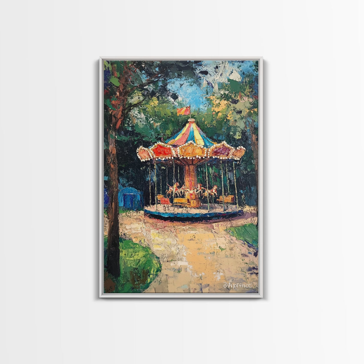 Carrousel Wall Art Framed Canvas Print, Oil Painting Carrousel, Circus Decor, Nursery Decor, Kid's Room Wall Art