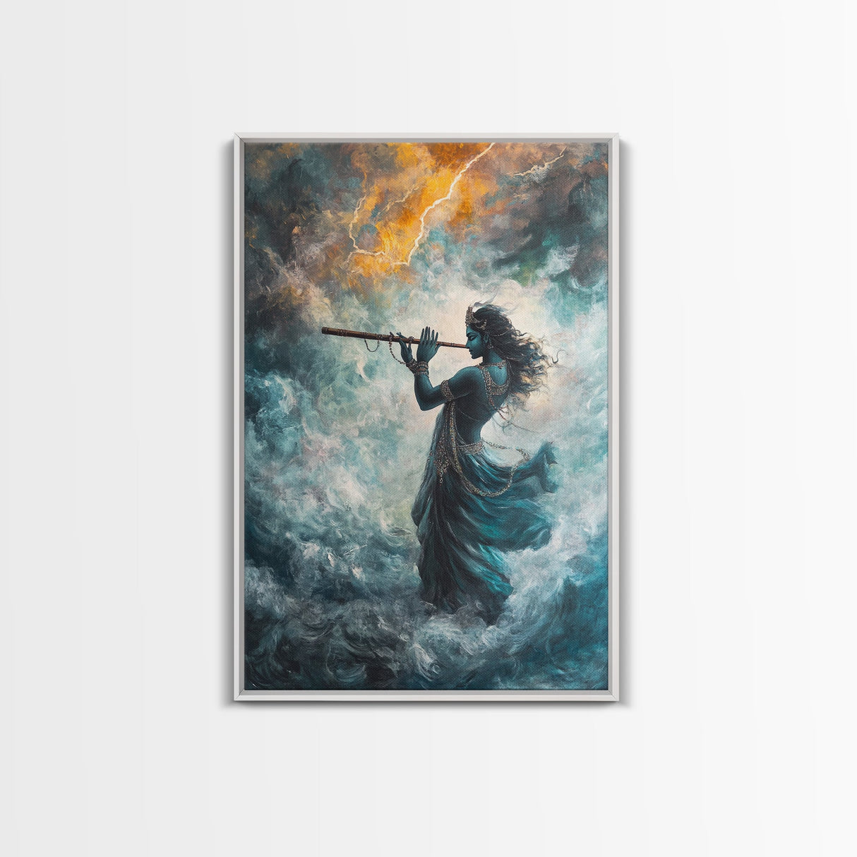 Hindu Art, Radha Krishna Playing Flute Painting Print, Hinduism Wall Art Wood Framed Canvas Print