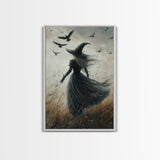 The Witch and her Ravens, Framed Canvas print, Spooky Season Halloween Wall Art, Gothic Home Decor, Witch Wall Art, Halloween Art