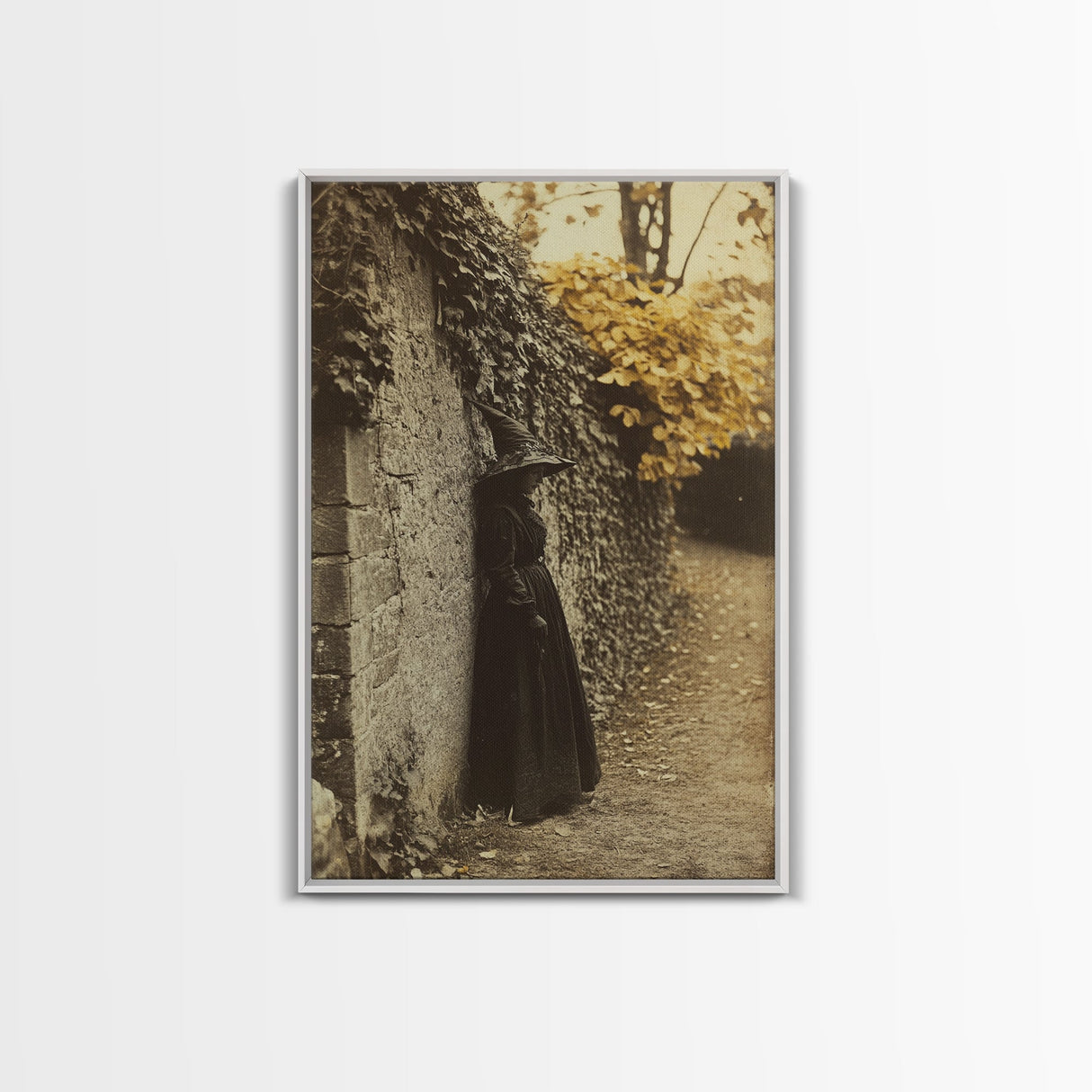 Sad Witch in the Fall Framed Canvas Print, Gothic Home Decor, Witch Photography Style Art