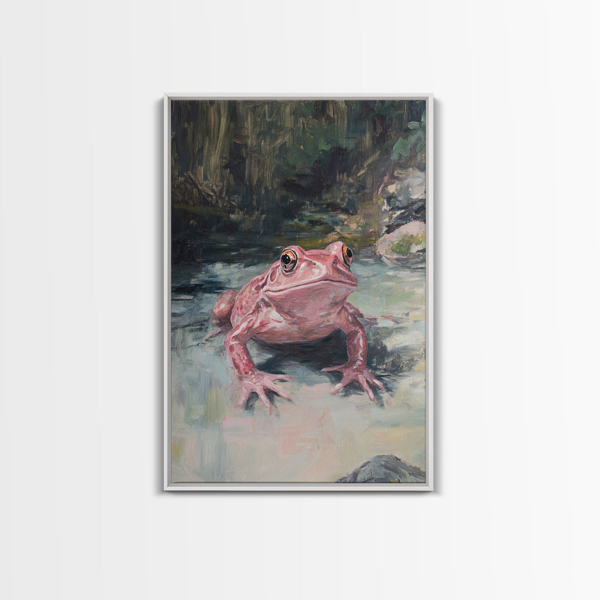 Painting of a Pink Frog, Framed Canvas Print, Wood Framed Wall Art, Home Decor, Preppy Pink Frog Wall Art, Dark Academia Decor