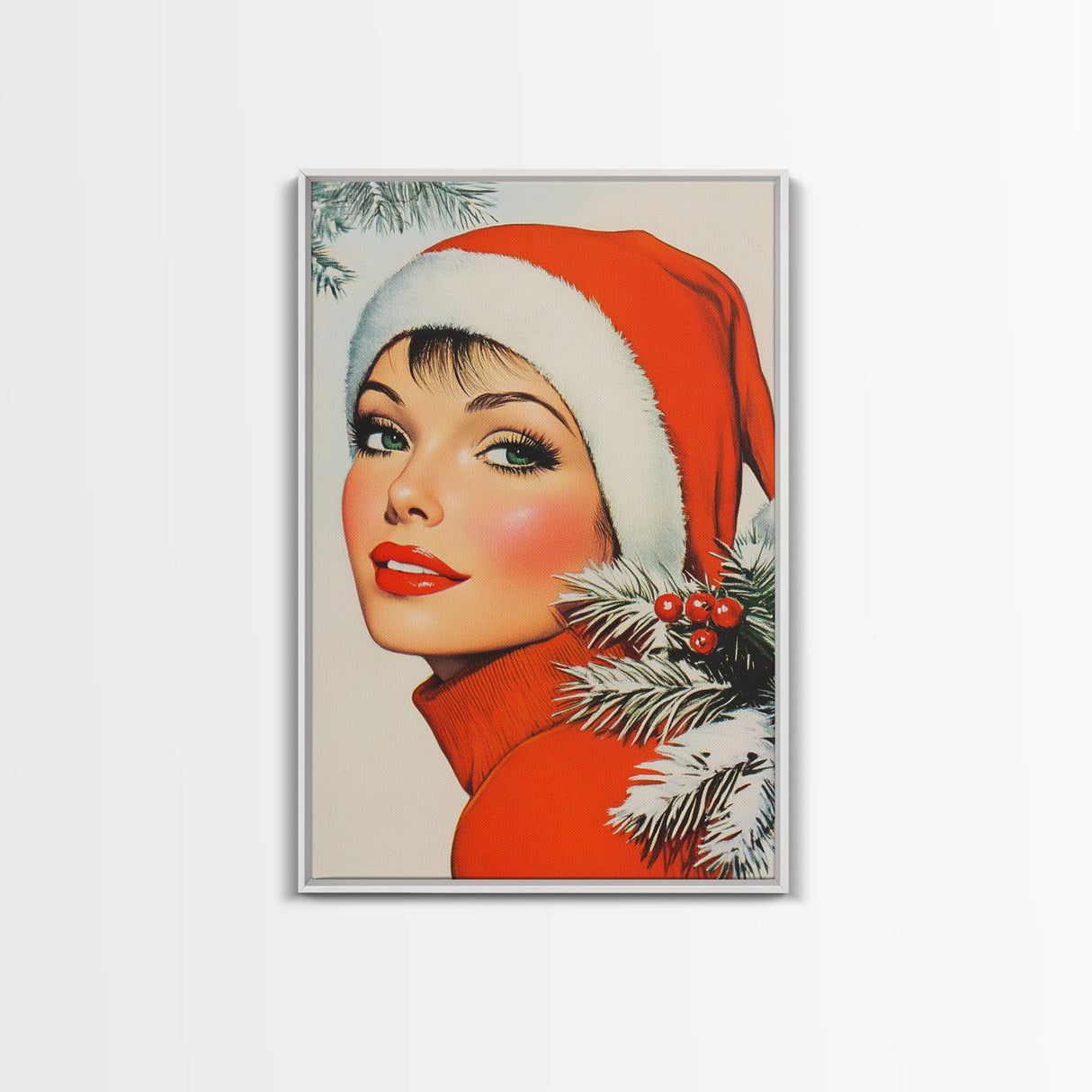1950s Christmas Portrait Postcard Style Art Canvas Print, Wood Framed Christmas Decor, Christmas Wall Art, Christmas Seasonal Painting