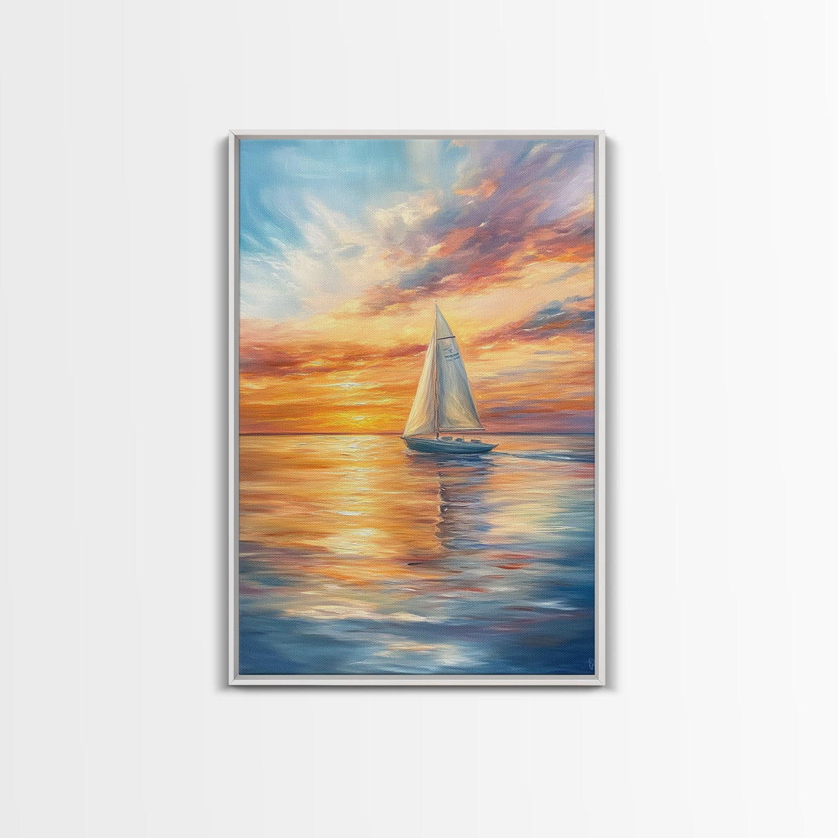 Oil Painting Print of a Sailboat At Sunset, Framed Canvas Print, Nautical Decor, Nautical Nursery, Nautical Wall Art, Beach House or Lakehouse Art