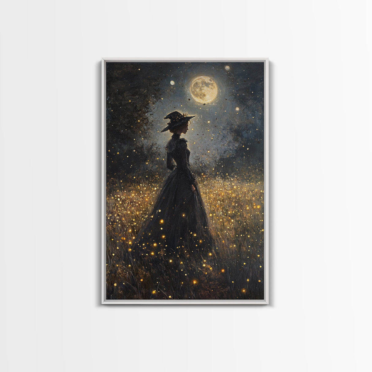 Witch Under a Full Moon Framed Canvas Print, Vintage Art Prints, Dark Academia, Witchy Gifts, Halloween Prints, Gothic Wall Art