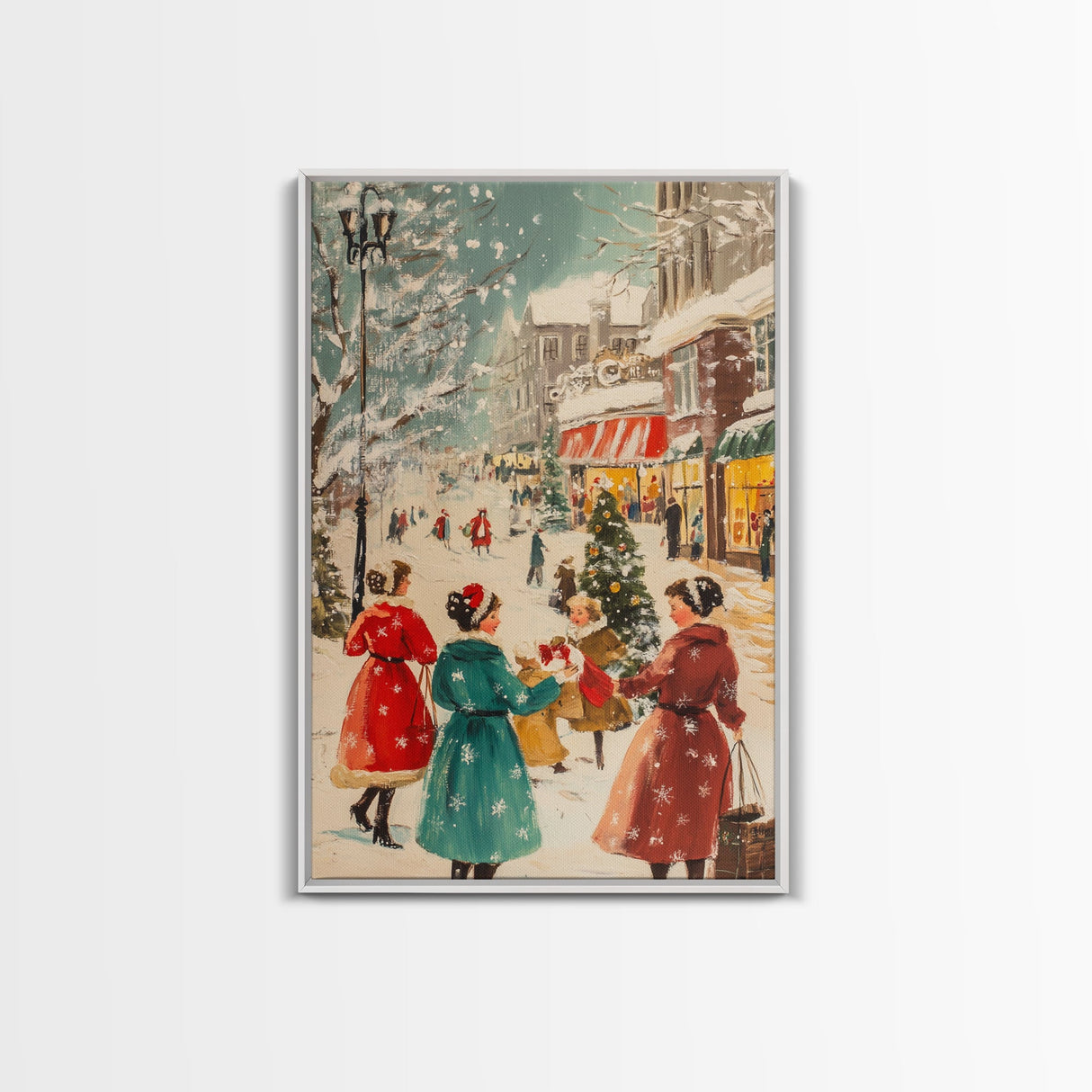 Winter Wall Art Christmas Canvas Print - 1950s Style Post Card Art - Christmas Decor - Christmas Shoppers In The Streets - Christmas Village Art