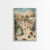 Christmas Village Mantle Painting, Christmas Mantle Wall Art, Framed Canvas Print, Retro Christmas, Vintage Christmas Painting Wall Art