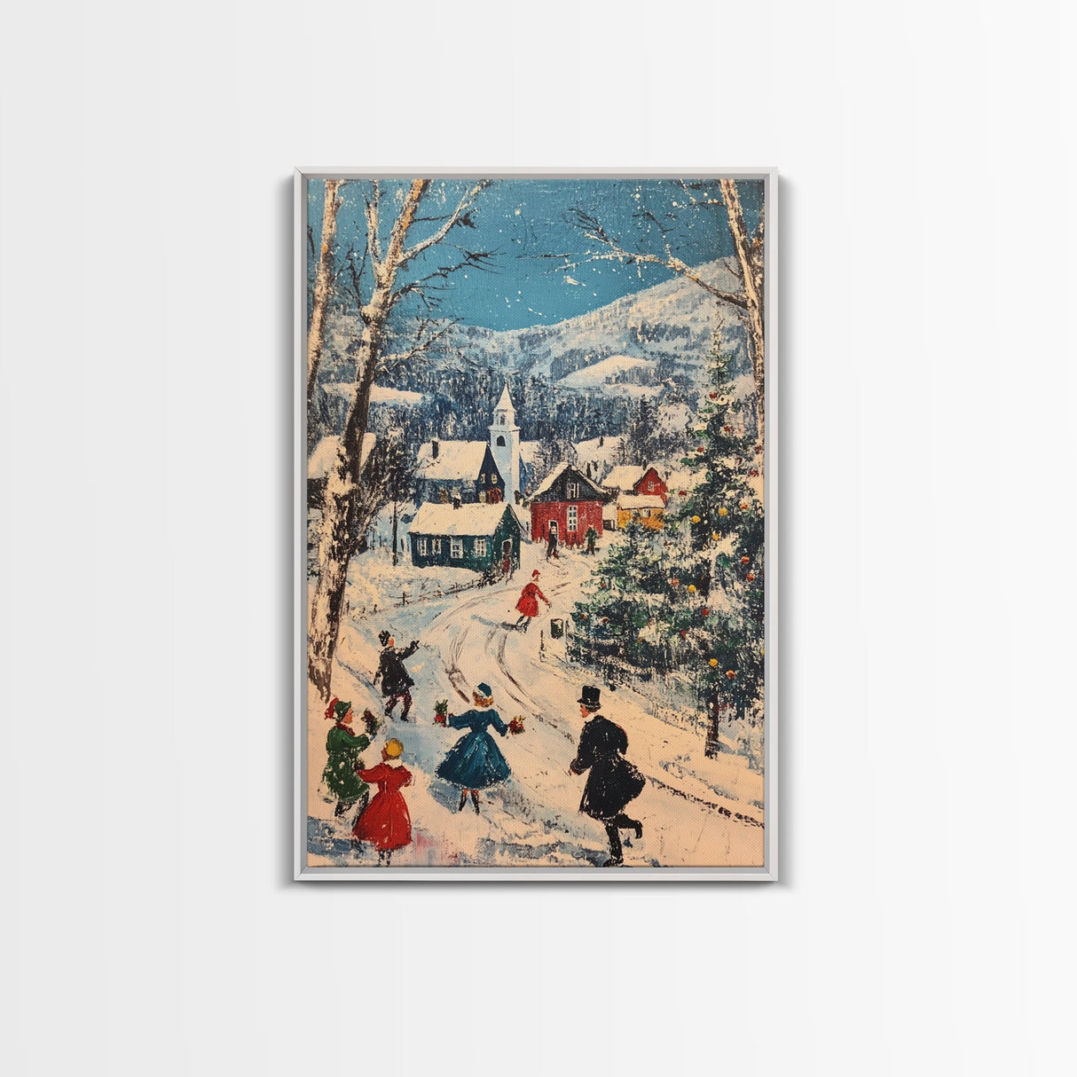 Ice Skating in The Streets on Christmas Morning Framed Canvas Print - Retro Christmas Village Wall Art - Christmas Above Mantle Centerpiece Art