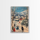 Ice Skating in The Streets on Christmas Morning Framed Canvas Print - Retro Christmas Village Wall Art - Christmas Above Mantle Centerpiece Art