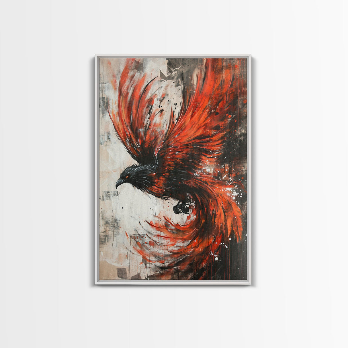 Canvas Print Of a Phoenix Painting, Wood Framed Art, Grunge Decor, Loft Art, Phoenix With Flaming Wings Wall Art