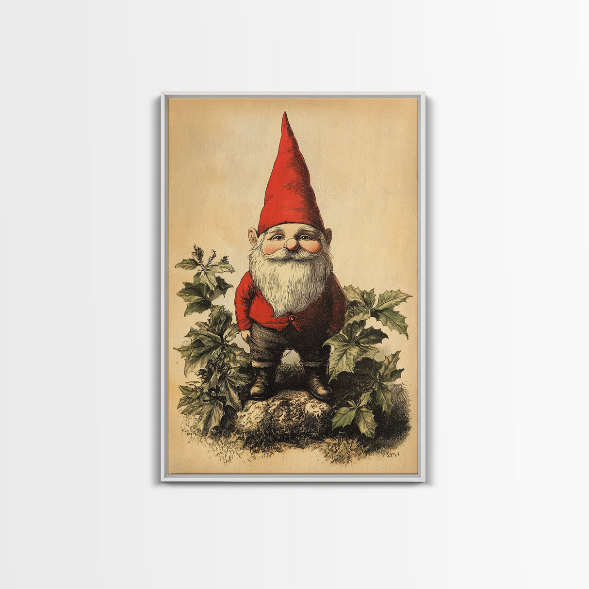 Painting of a Gnome Canvas Print - Framed Canvas - Minimalist Christmas Art - Boho Christmas Art - Rustic Christmas Art