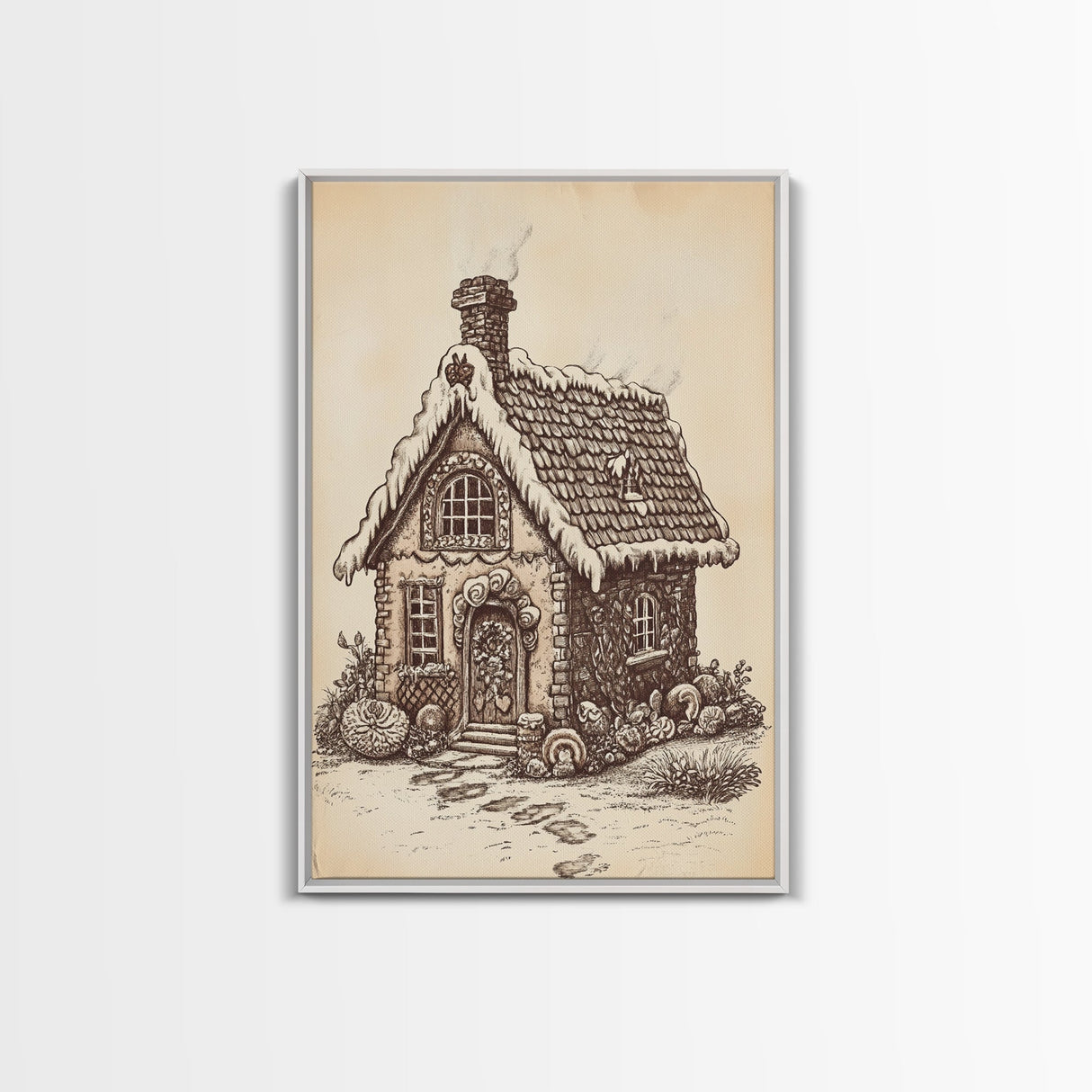 Ginger Bread House Canvas Print - Framed Canvas - Minimalist Christmas Art - Boho Christmas Art - Rustic Christmas Art