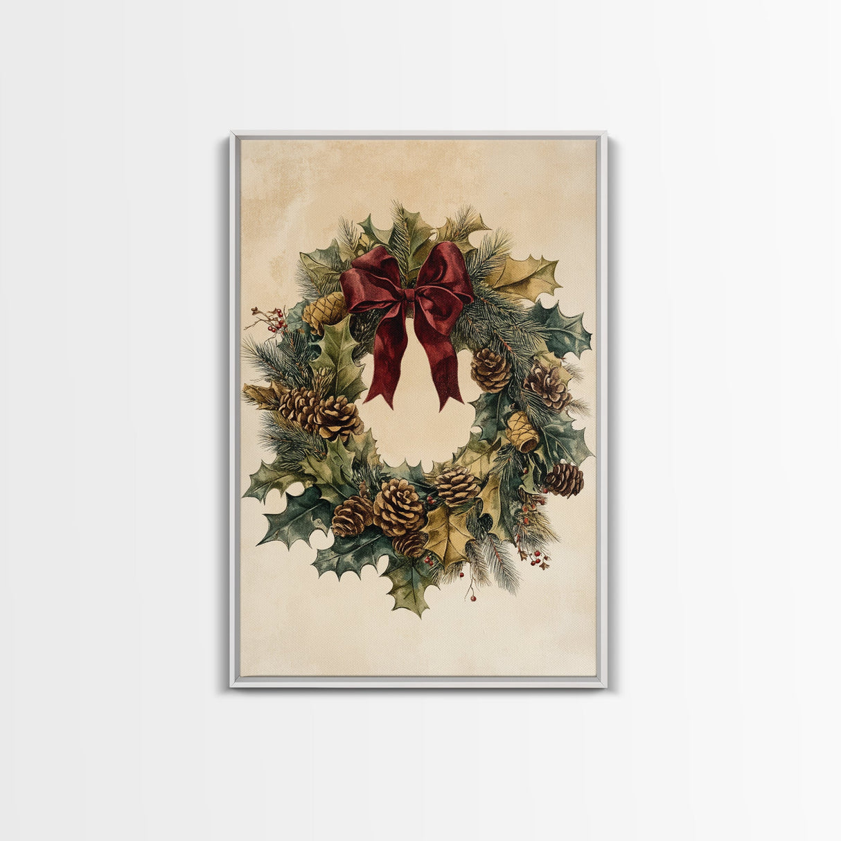 Vintage Christmas Wreath Canvas Print - Framed Canvas - Minimalist Christmas Art - Boho Christmas Art - Rustic Christmas Art