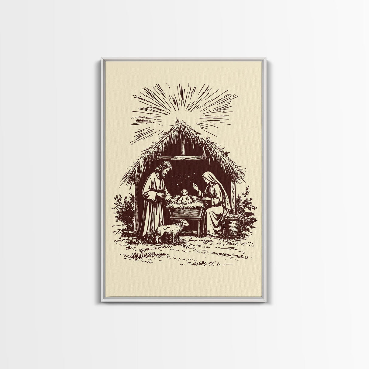Retro Nativity Scene Canvas Print - Framed Canvas - Minimalist Christmas Art - Boho Christmas Art - Rustic Christmas Art