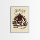 Retro Nativity Scene Canvas Print - Framed Canvas - Minimalist Christmas Art - Boho Christmas Art - Rustic Christmas Art