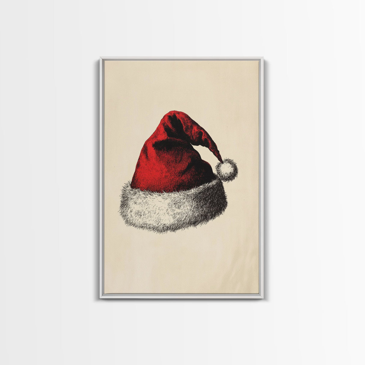 Retro Santa Hat Sketch Canvas Print - Framed Canvas - Minimalist Christmas Art - Boho Christmas Art - Rustic Christmas Art