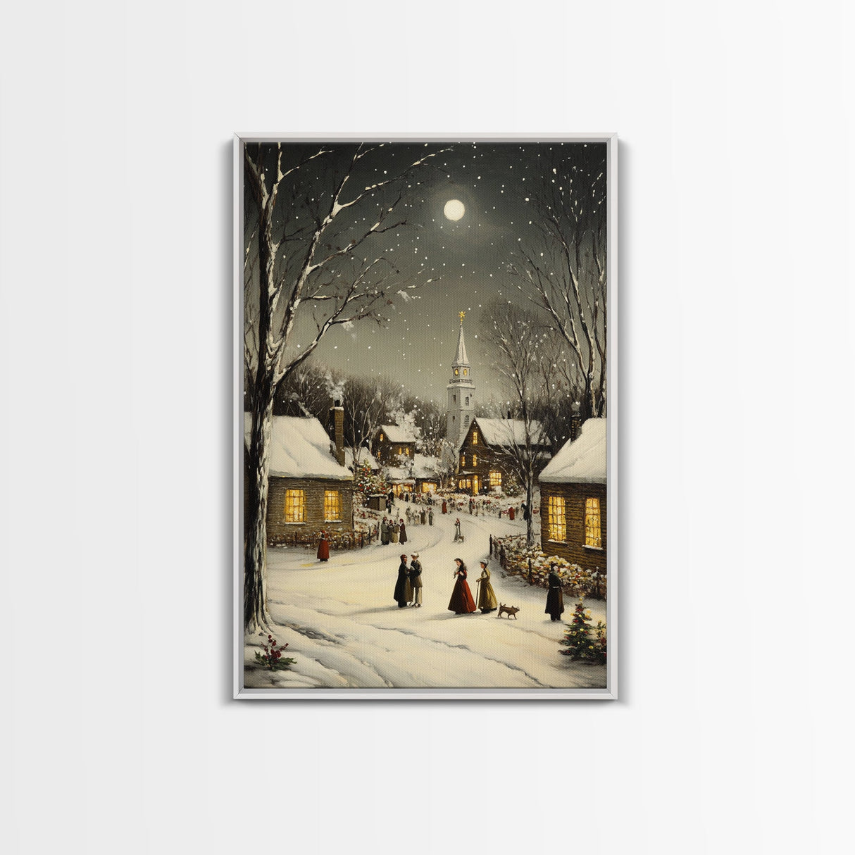 Huge Christmas Tree In The Town Square, Christmas Village Wall Art, Framed Canvas Print, Christmas Canvas Art