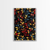 Botanical Fall Leaves Art Print On Canvas with Wood Frame, Black Background, Retro Style Home Decor