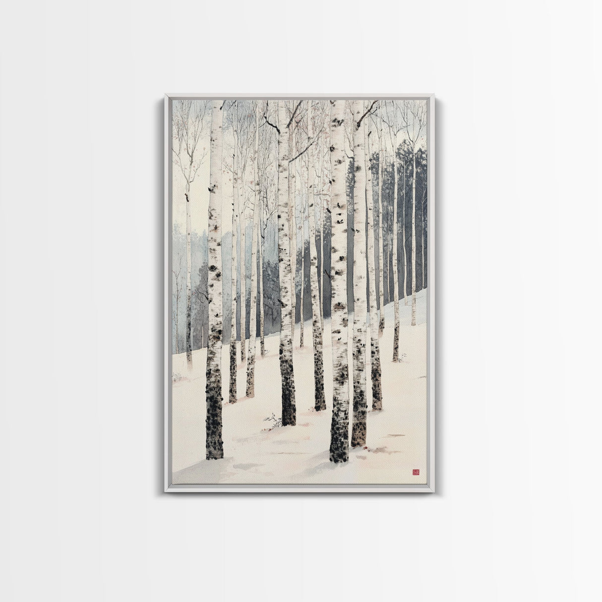Winter Birch Tree Forest Framed Canvas Print, White Birch Trees In Winter Forest Landscape Art Print Minimalist Living Room Nature Wall Art
