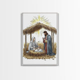 Retro Nativity Painting Print, Christmas Wall Art, Jesus in his Manger, Nativity Wall Art, Rustic Christmas Decor