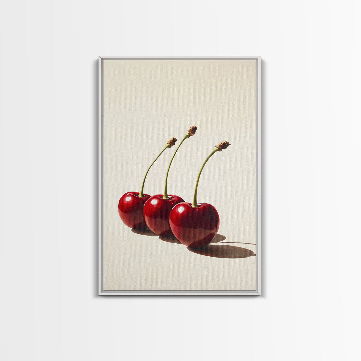 Three Cherries Framed Canvas Print, Cherry Painting, Cherry Wall Art, Ready To Hang Painting, Framed Wall Art, Photorealism, Fruit Art