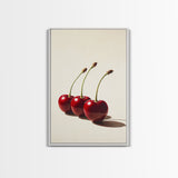 Three Cherries Framed Canvas Print, Cherry Painting, Cherry Wall Art, Ready To Hang Painting, Framed Wall Art, Photorealism, Fruit Art