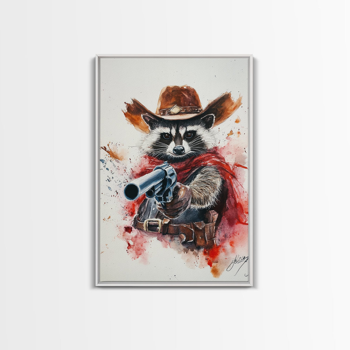 Wild West Racoon Cowboy Watercolor Painting Print, Rustic Home Decor, Framed Canvas Ready To Hang