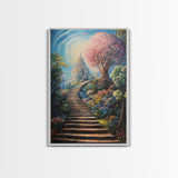 The Steps To The Sky, Framed Canvas Print, Cute Fantasy  Decor, Preppy Wall Art, Gift For Her, Dorm Wall Art, Landscape Painting