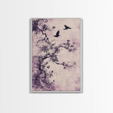 Wabi Sabi Floral Print Framed Canvas Art, Minimalist Home Decor, Purple trees with Crows, Purple Art, Boho Style Modern Art