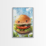 Kawaii Hamburger Canvas Print, Cute Hamburger Painting, Kitchen Decor, Kawaii Wall Art, Veggie Burger Painting
