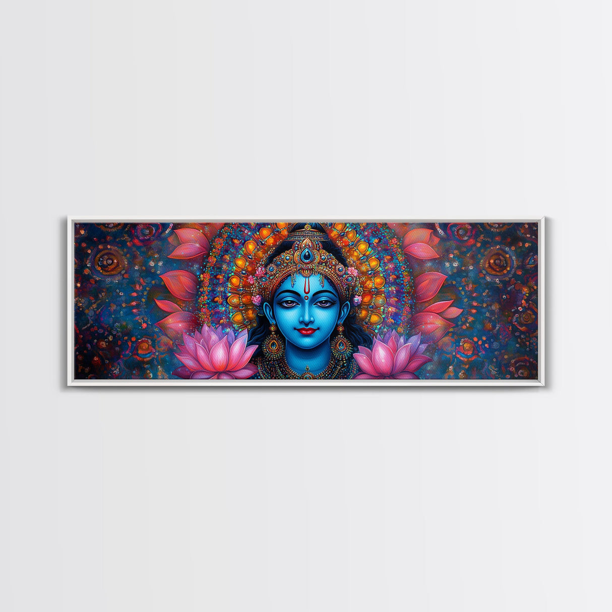Krishna Painting Print, Ready To Hang Canvas Wall Art, Radha Krishna Art, Panoramic Art, Extra Wide Horizontal Art, Hinduism Wall Art