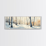 Birch Tree Forest In The Snow Covered Winter Framed Canvas Print, Panoramic Wall Art, Original Birch Tree Art, Birch Tree Painting, Horizontal Art