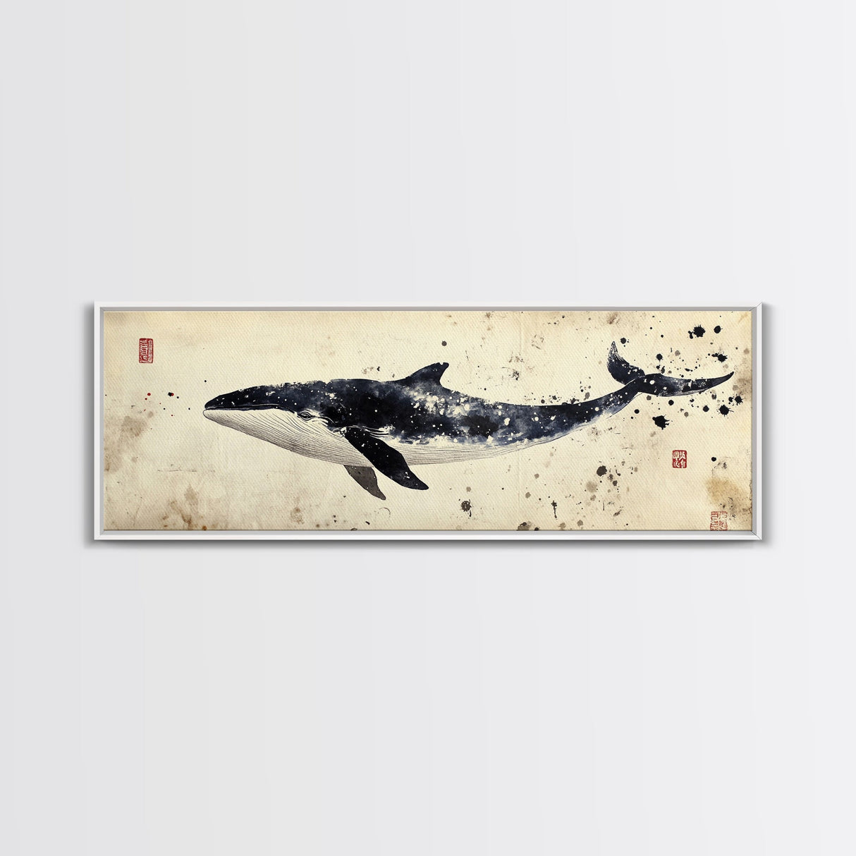 Whale Art Wabi Sabi Panoramic Oil Painting Print, Japanese Style Wall Art - Whale Decor - Whale Art Print - Living Room Decor - Minimalist